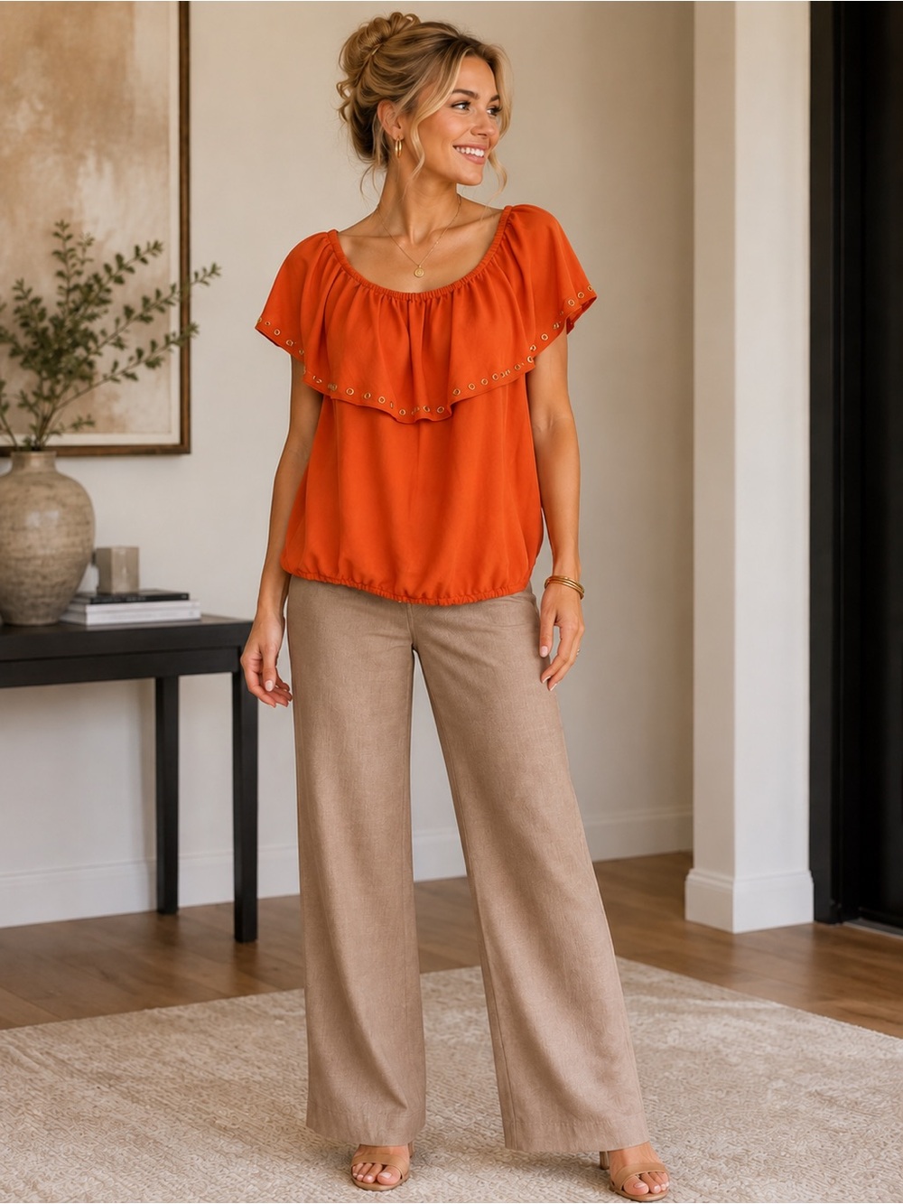 Michael Kors Orange Studded Ruffle Blouse XL Flowy Resort Chic Top